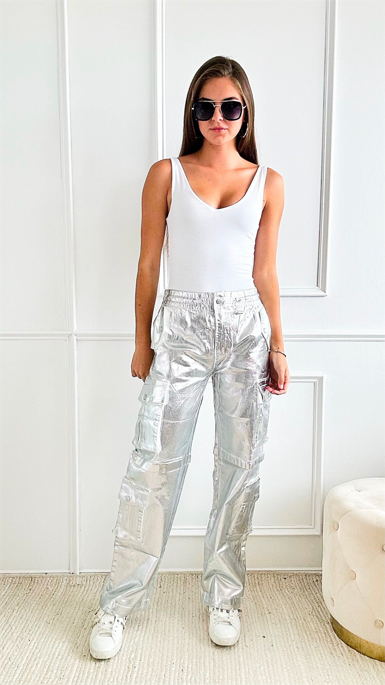 Metallic Foil Wide Leg Pants - Silver-170 Bottoms-Vibrant M.i.U-Coastal Bloom Boutique, find the trendiest versions of the popular styles and looks Located in Indialantic, FL