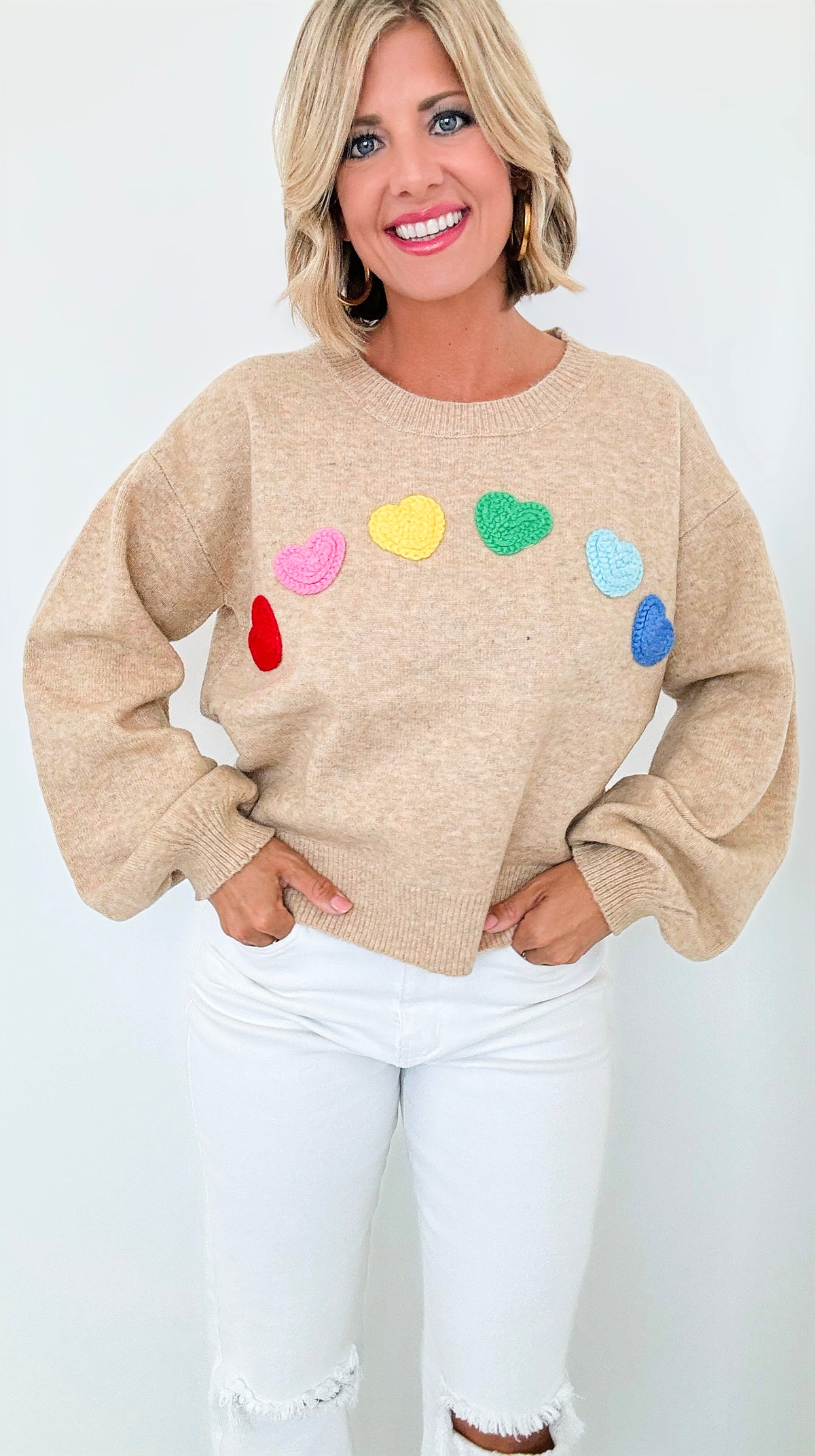 Rainbow Hearts Knit Sweater-140 Sweaters-Dreamers-Coastal Bloom Boutique, find the trendiest versions of the popular styles and looks Located in Indialantic, FL