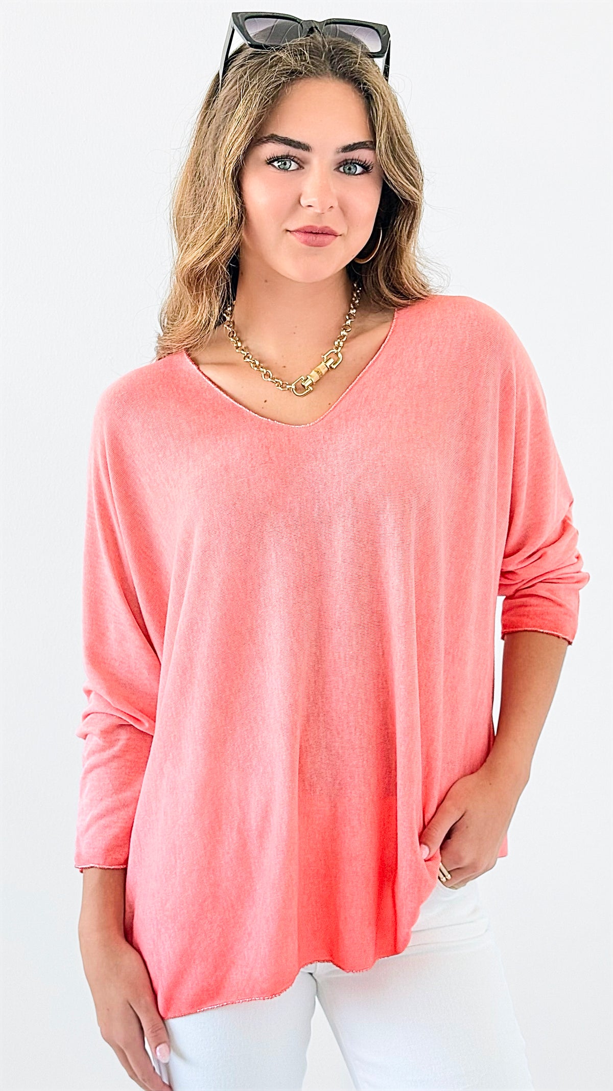 Relaxed Recoleta Lurex Trim Italian Top - Coral-130 Long Sleeve Tops-Italianissimo-Coastal Bloom Boutique, find the trendiest versions of the popular styles and looks Located in Indialantic, FL