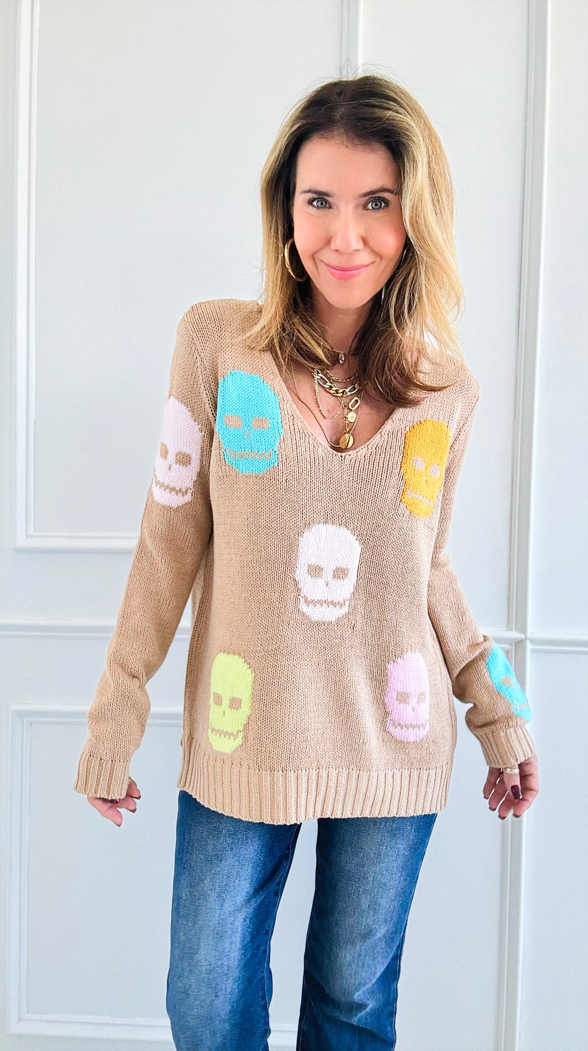 Sugar Skull Knit Sweater-140 Sweaters-Miracle-Coastal Bloom Boutique, find the trendiest versions of the popular styles and looks Located in Indialantic, FL