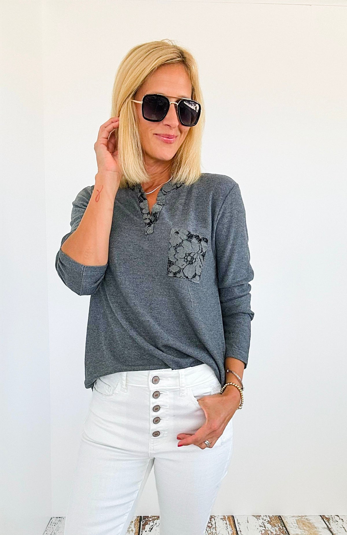 Contrast Lace Printed Italian Pullover-130 Long Sleeve Tops-Tempo-Coastal Bloom Boutique, find the trendiest versions of the popular styles and looks Located in Indialantic, FL