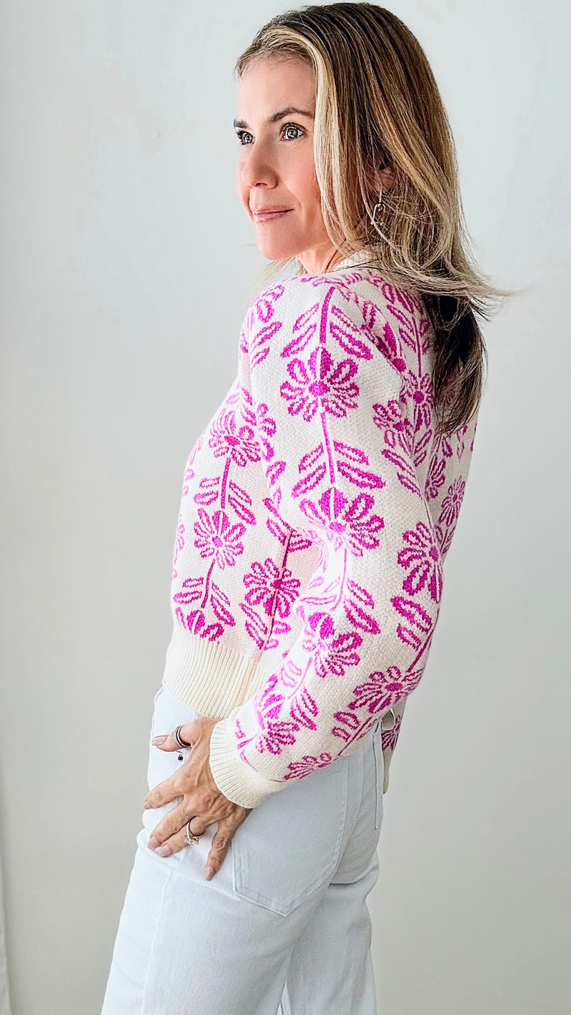 Floral Print Knit Sweater - Electric Orchid-140 Sweaters-&MERCI-Coastal Bloom Boutique, find the trendiest versions of the popular styles and looks Located in Indialantic, FL