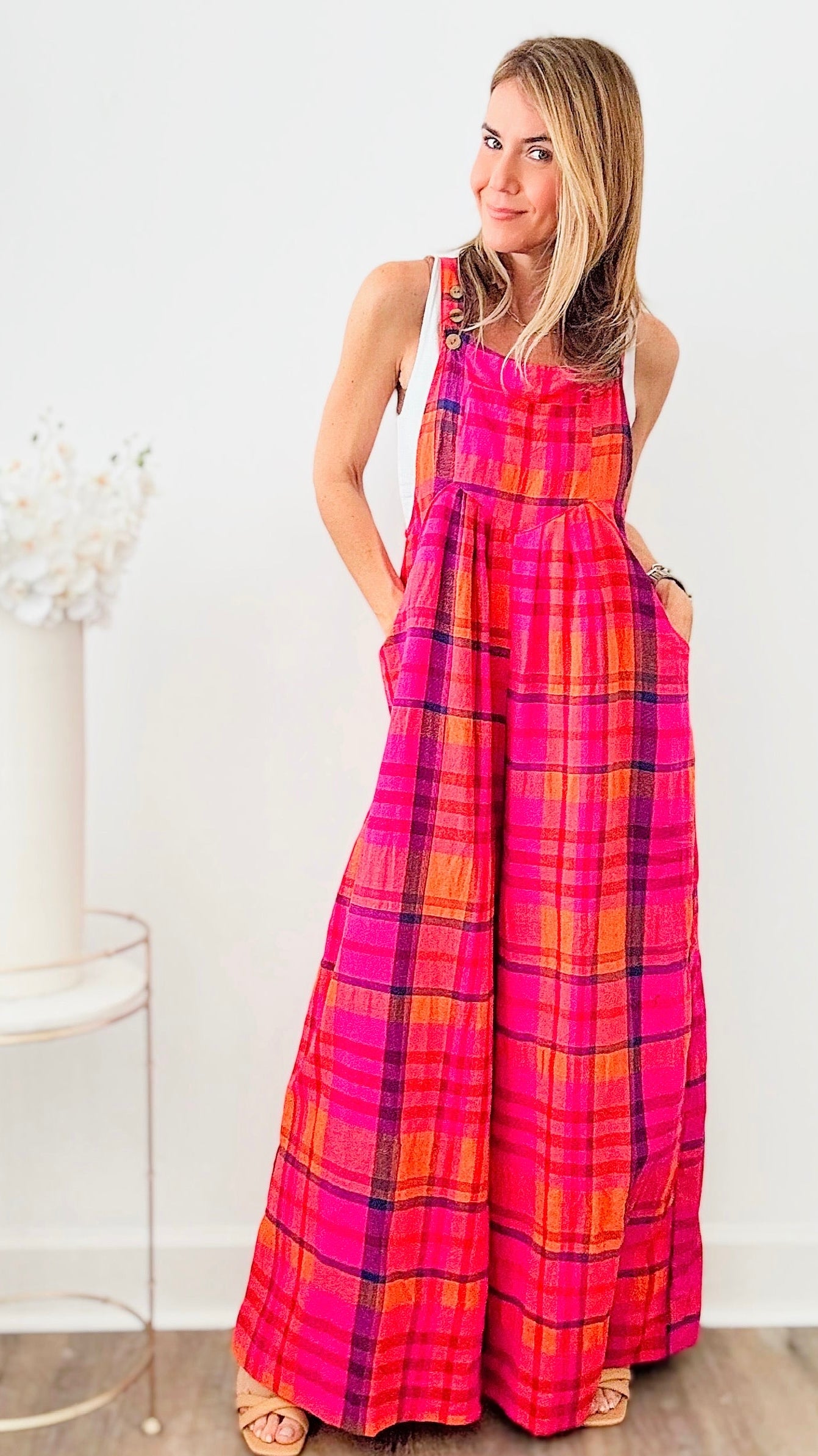 Vibrant Sunset Plaid Wide Leg Jumpsuit-200 dresses/jumpsuits/rompers-BIBI-Coastal Bloom Boutique, find the trendiest versions of the popular styles and looks Located in Indialantic, FL