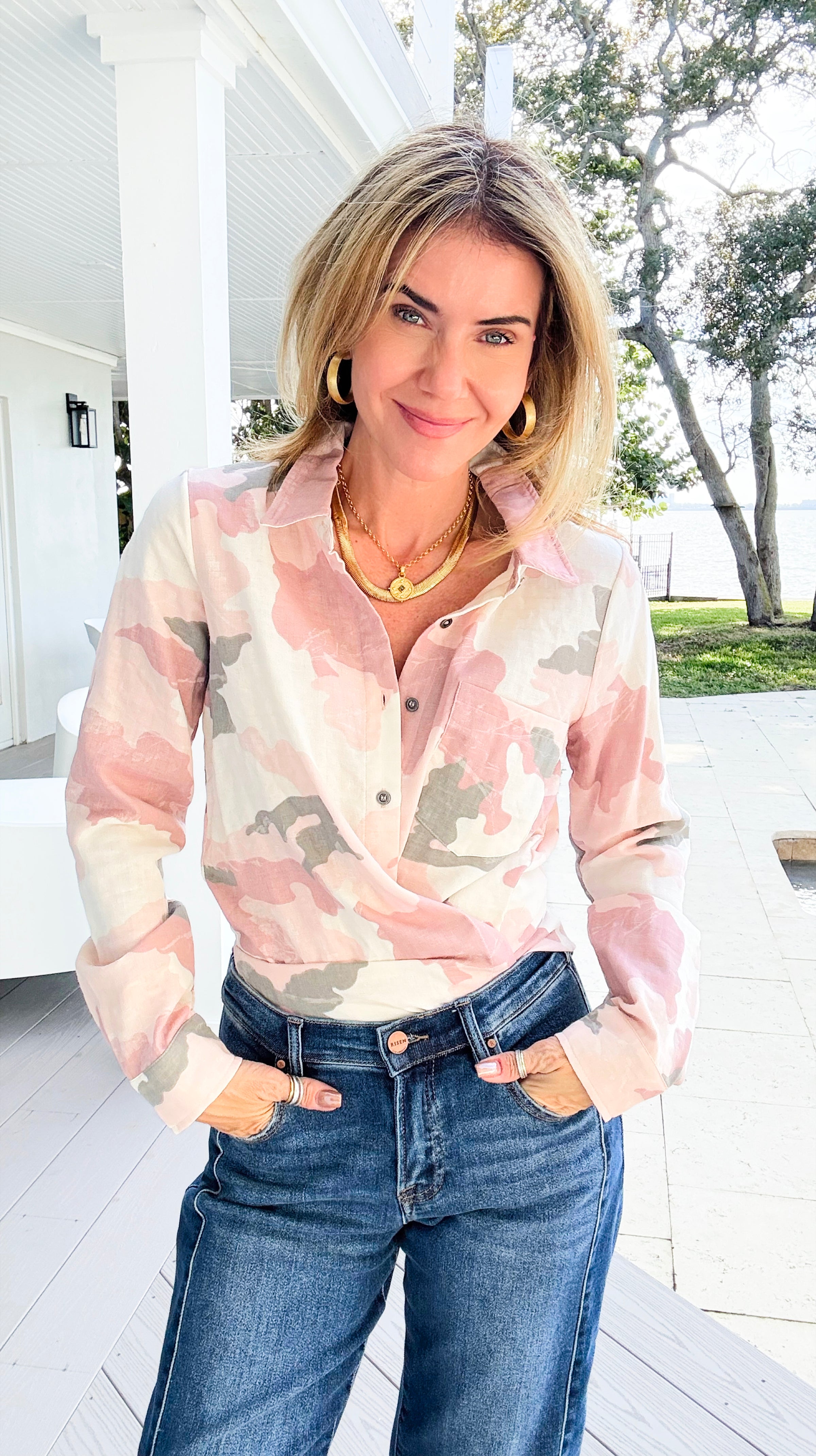 Urban Camo Button Down Top - Rose