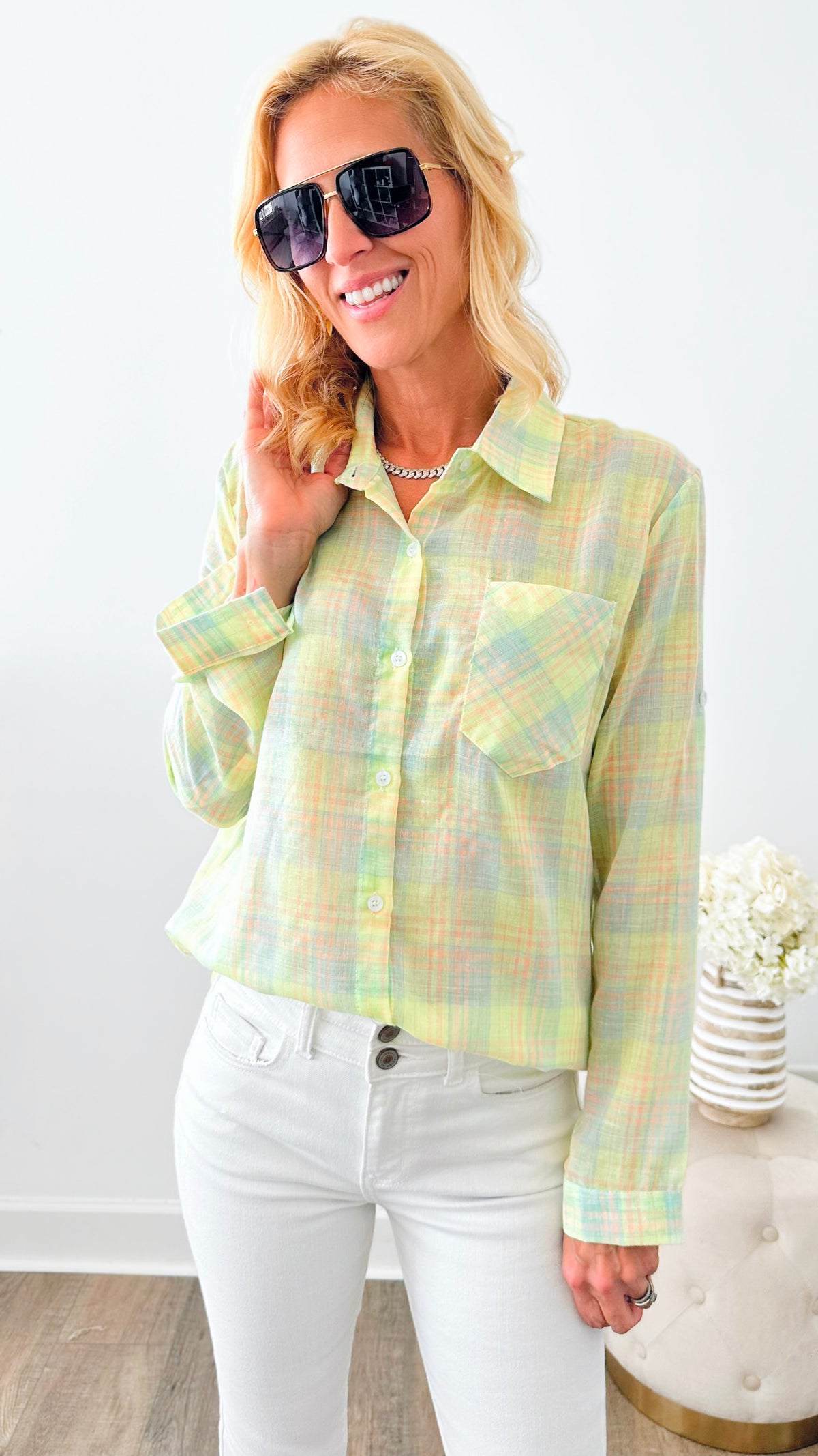 Button Down Plaid Shirt-130 Long Sleeve Tops-Adora-Coastal Bloom Boutique, find the trendiest versions of the popular styles and looks Located in Indialantic, FL