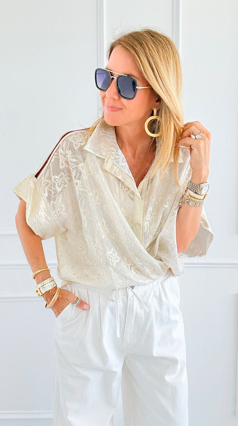 Flower Metallic & Striped Italian Blouse-170 Bottoms-SEÑORITA C/CLEAR S-Coastal Bloom Boutique, find the trendiest versions of the popular styles and looks Located in Indialantic, FL