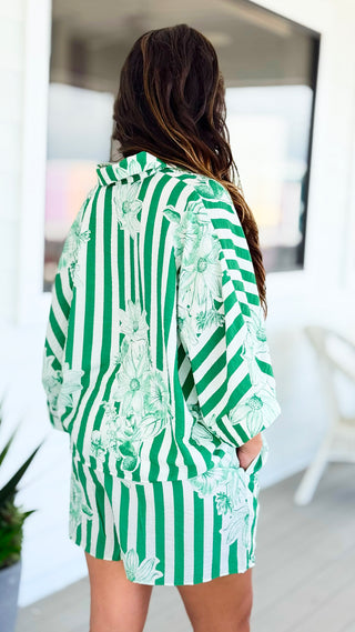 Striped Bloom Button Down Set - Emerald