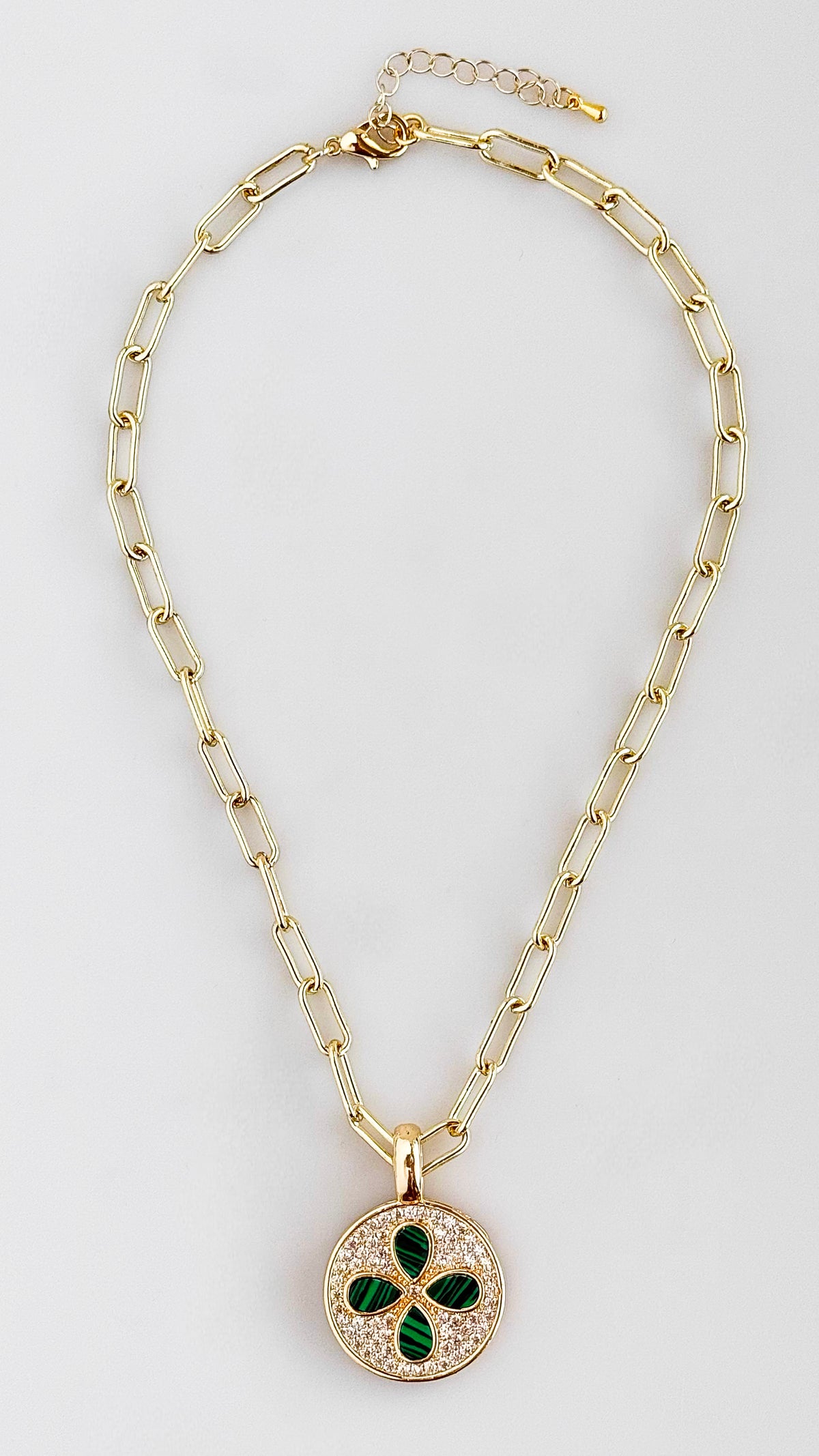 PaperClip Micropave & Emerald Pendant Necklace-230 Jewelry-MILLENX ACCESORIES-Coastal Bloom Boutique, find the trendiest versions of the popular styles and looks Located in Indialantic, FL