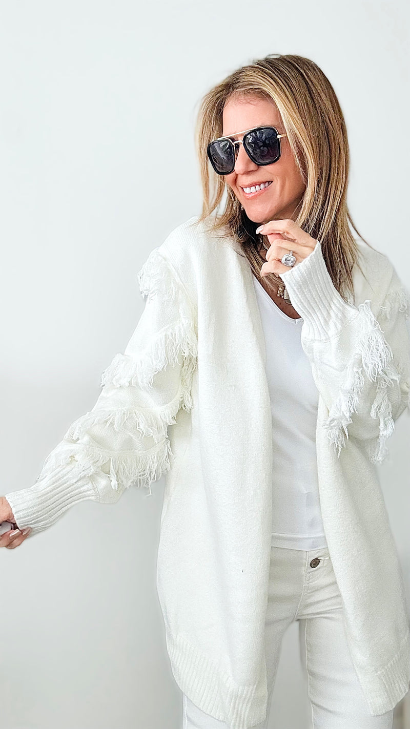 On the Fray Sleeve Cardigan - Off White-140 Sweaters-Rousseau-Coastal Bloom Boutique, find the trendiest versions of the popular styles and looks Located in Indialantic, FL
