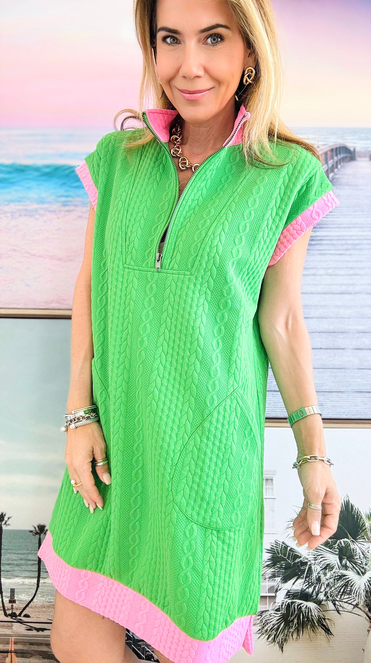 Cable Knit Dress- Green/Pink-200 Dresses/Jumpsuits/Rompers-Why Dress-Coastal Bloom Boutique, find the trendiest versions of the popular styles and looks Located in Indialantic, FL