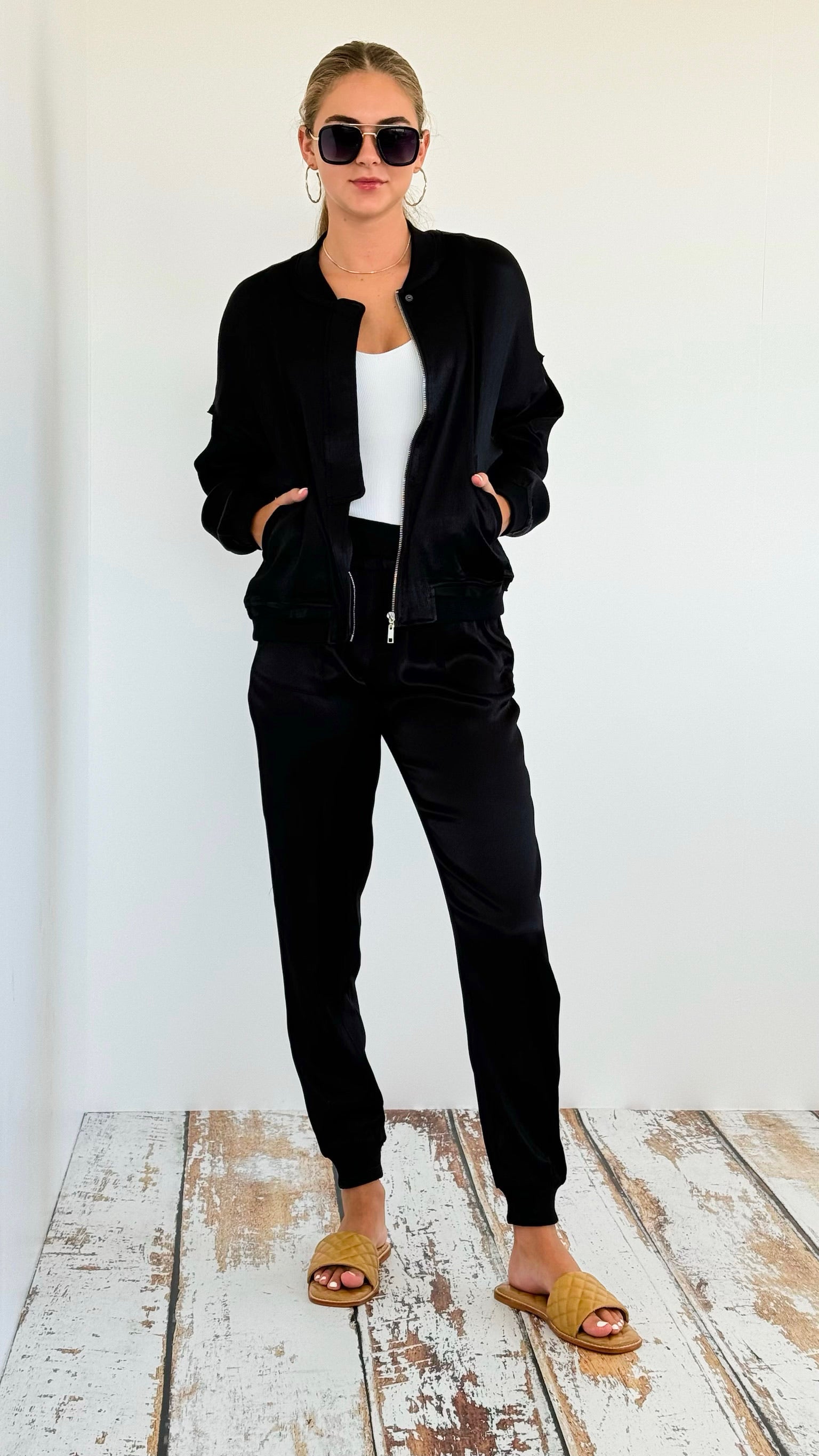 Smooth Sating Bomber Jacket-160 Jackets-Fate Inc-Coastal Bloom Boutique, find the trendiest versions of the popular styles and looks Located in Indialantic, FL