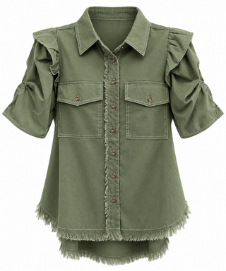 Linen Ruffle Button-Up Shirt - Olive