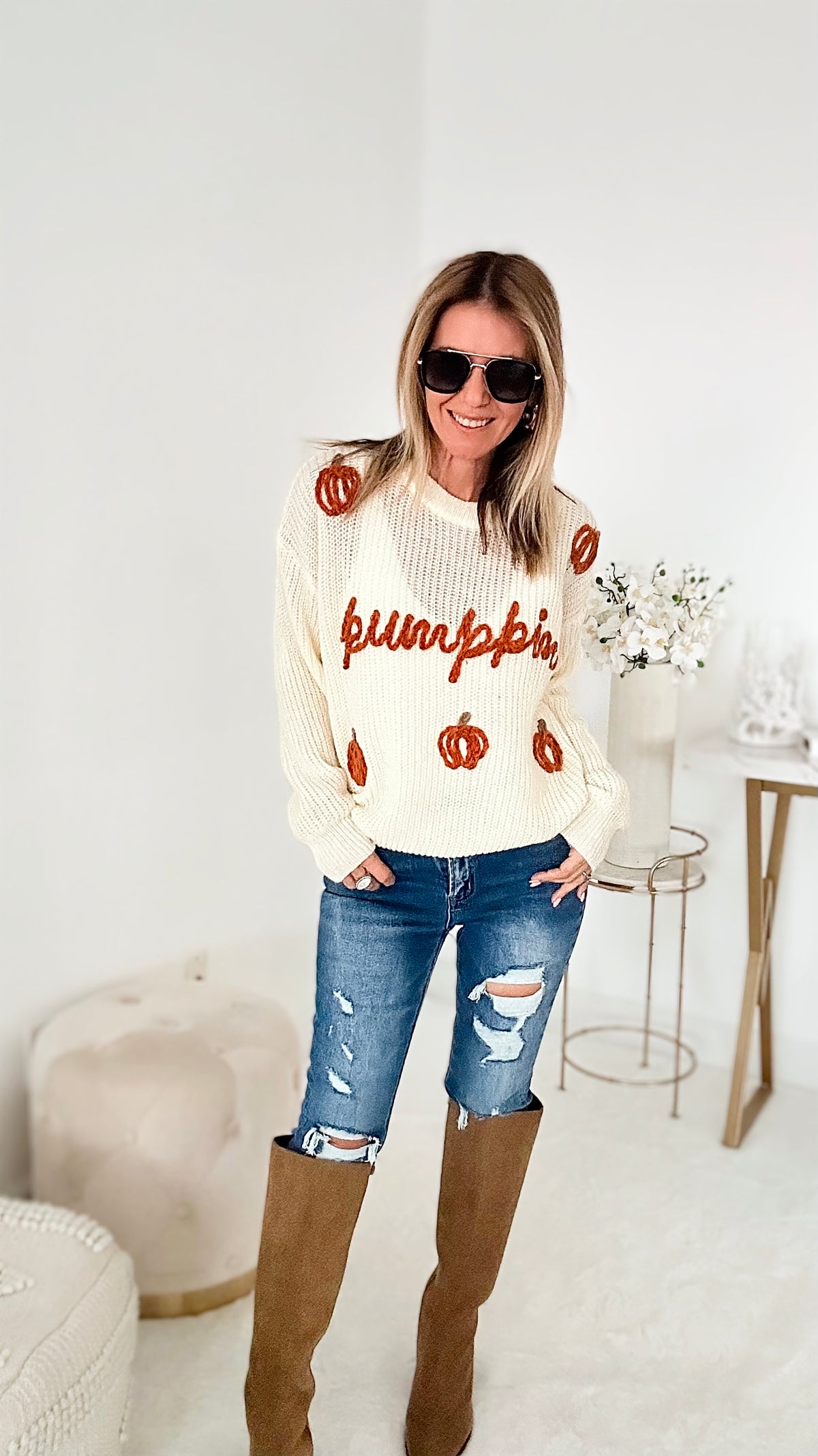 Pumpkin Sweater - Oatmeal-130 Long Sleeve Tops-BIBI-Coastal Bloom Boutique, find the trendiest versions of the popular styles and looks Located in Indialantic, FL