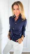 Wrapped Button Up Blouse - Navy-130 Long Sleeve Tops-Gretchen Scott-Coastal Bloom Boutique, find the trendiest versions of the popular styles and looks Located in Indialantic, FL