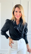 Ruffled Collar Button-Down Blouse- Black-130 Long Sleeve Tops-Cezele-Coastal Bloom Boutique, find the trendiest versions of the popular styles and looks Located in Indialantic, FL