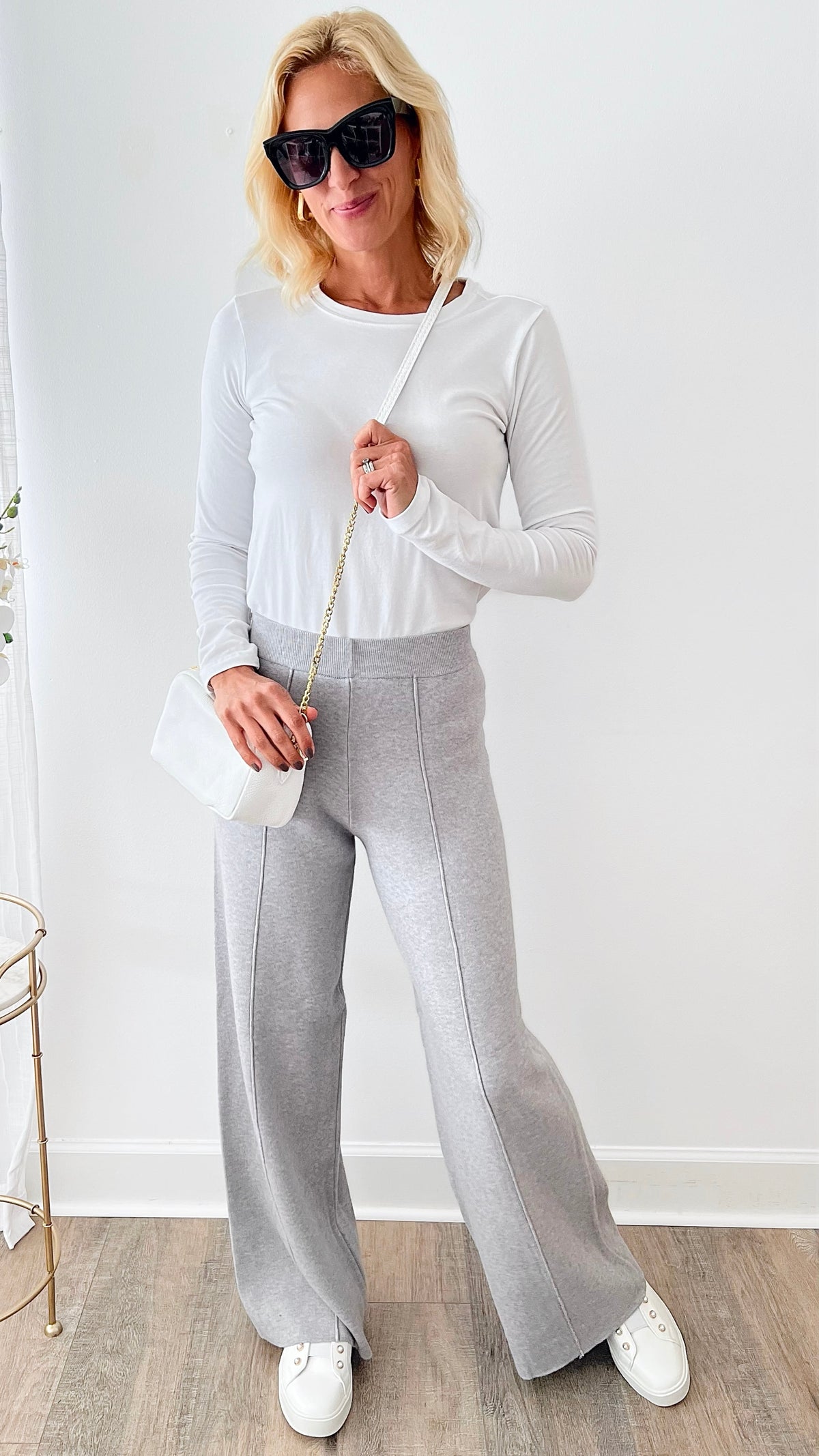 Front Seam Wide Knit Pants - Grey-210 Loungewear/Sets-Original USA-Coastal Bloom Boutique, find the trendiest versions of the popular styles and looks Located in Indialantic, FL