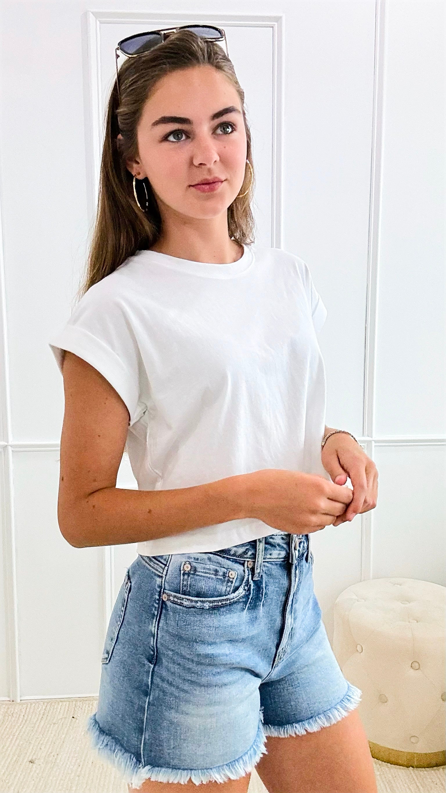 Cotton Folded Sleeve Crop Top T Shirt - White-110 Short Sleeve Tops-Zenana-Coastal Bloom Boutique, find the trendiest versions of the popular styles and looks Located in Indialantic, FL