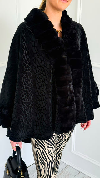 Plush Collar Poncho - Black