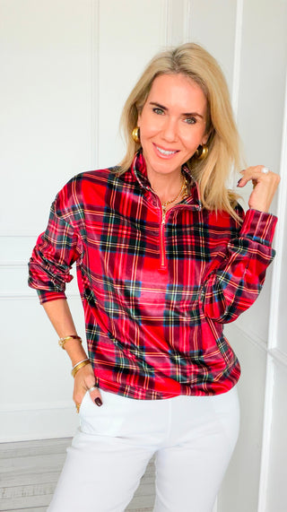 The Plaid Edit Quarter Zip Italian Top- Red