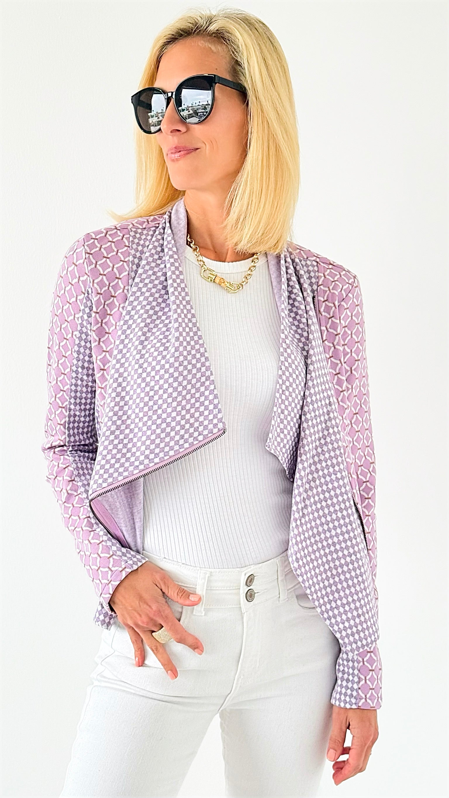 Patterned Draped Zip Jacket-160 Jackets-MYSTREE INC.-Coastal Bloom Boutique, find the trendiest versions of the popular styles and looks Located in Indialantic, FL