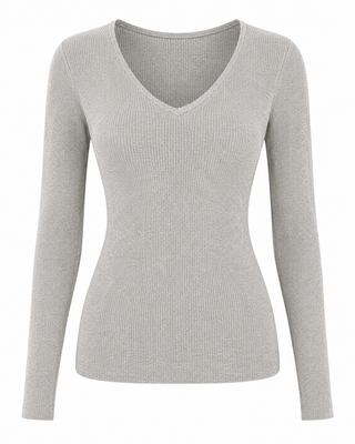 Fitted V-Neck Knit Top - H. Grey