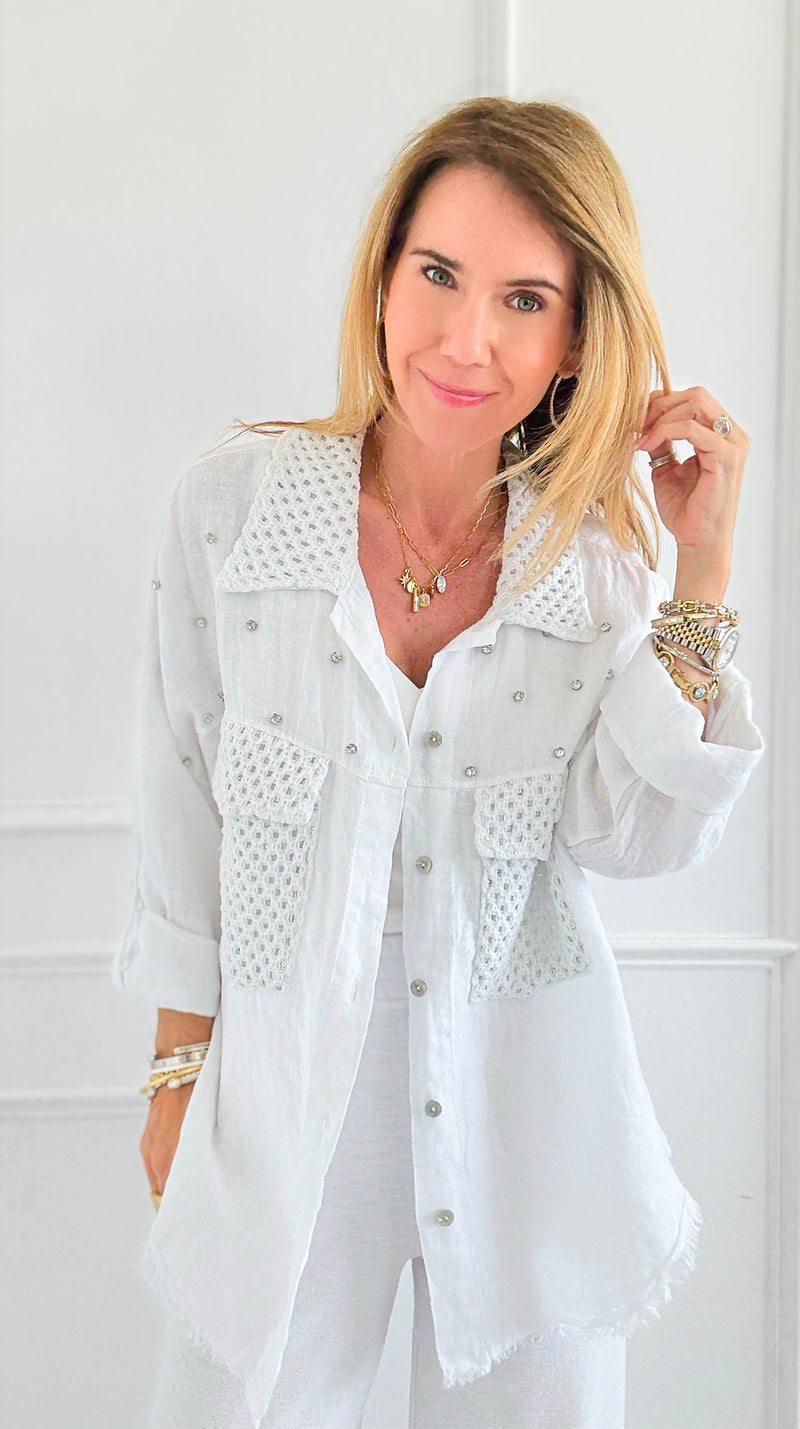 Sparkle Mesh Pocket Italian Button Top- White-170 Bottoms-SEÑORITA C-Coastal Bloom Boutique, find the trendiest versions of the popular styles and looks Located in Indialantic, FL