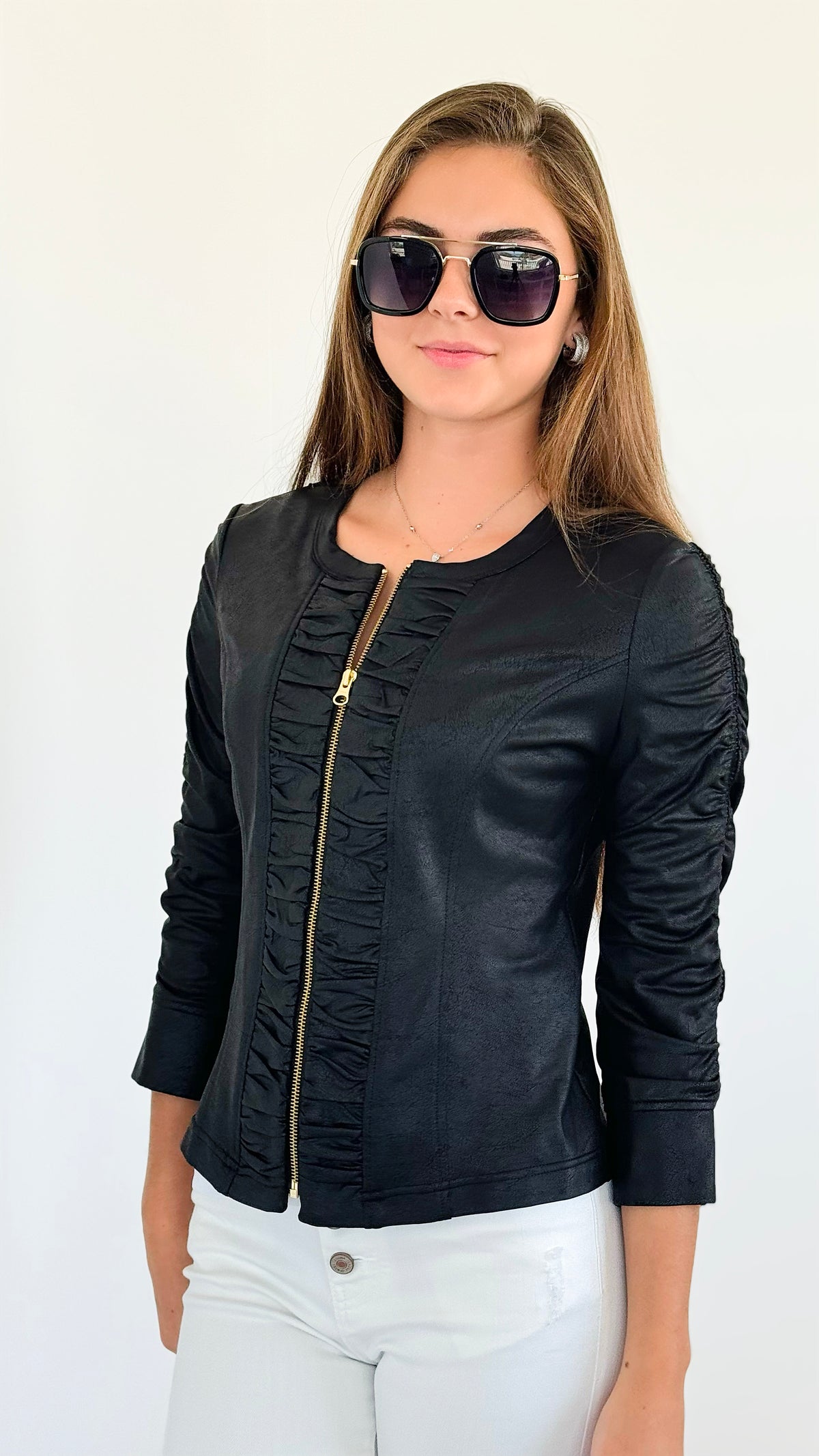 Ruched Zip-Up Leather Jacket-160 Jackets-Clara Sun Woo-Coastal Bloom Boutique, find the trendiest versions of the popular styles and looks Located in Indialantic, FL