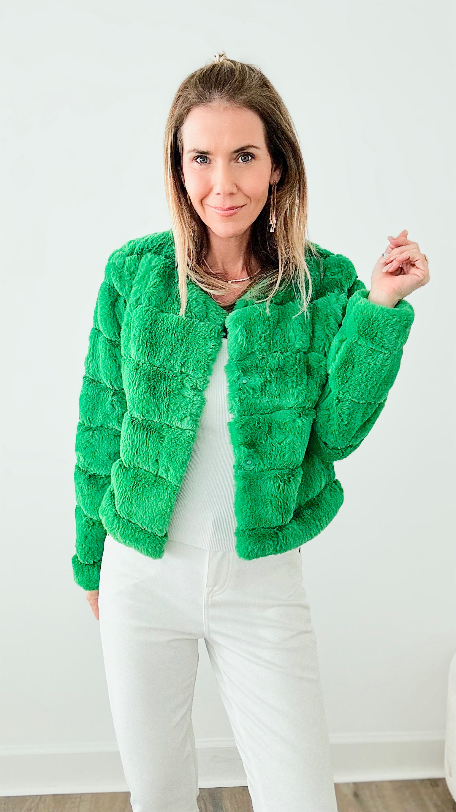 Faux Fur Buttoned Quilted Jacket - Green-160 Jackets-ShopIrisBasic-Coastal Bloom Boutique, find the trendiest versions of the popular styles and looks Located in Indialantic, FL