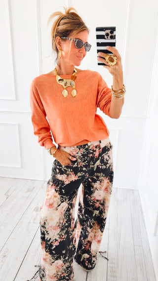 Floral Print Wide Leg Denim Pants