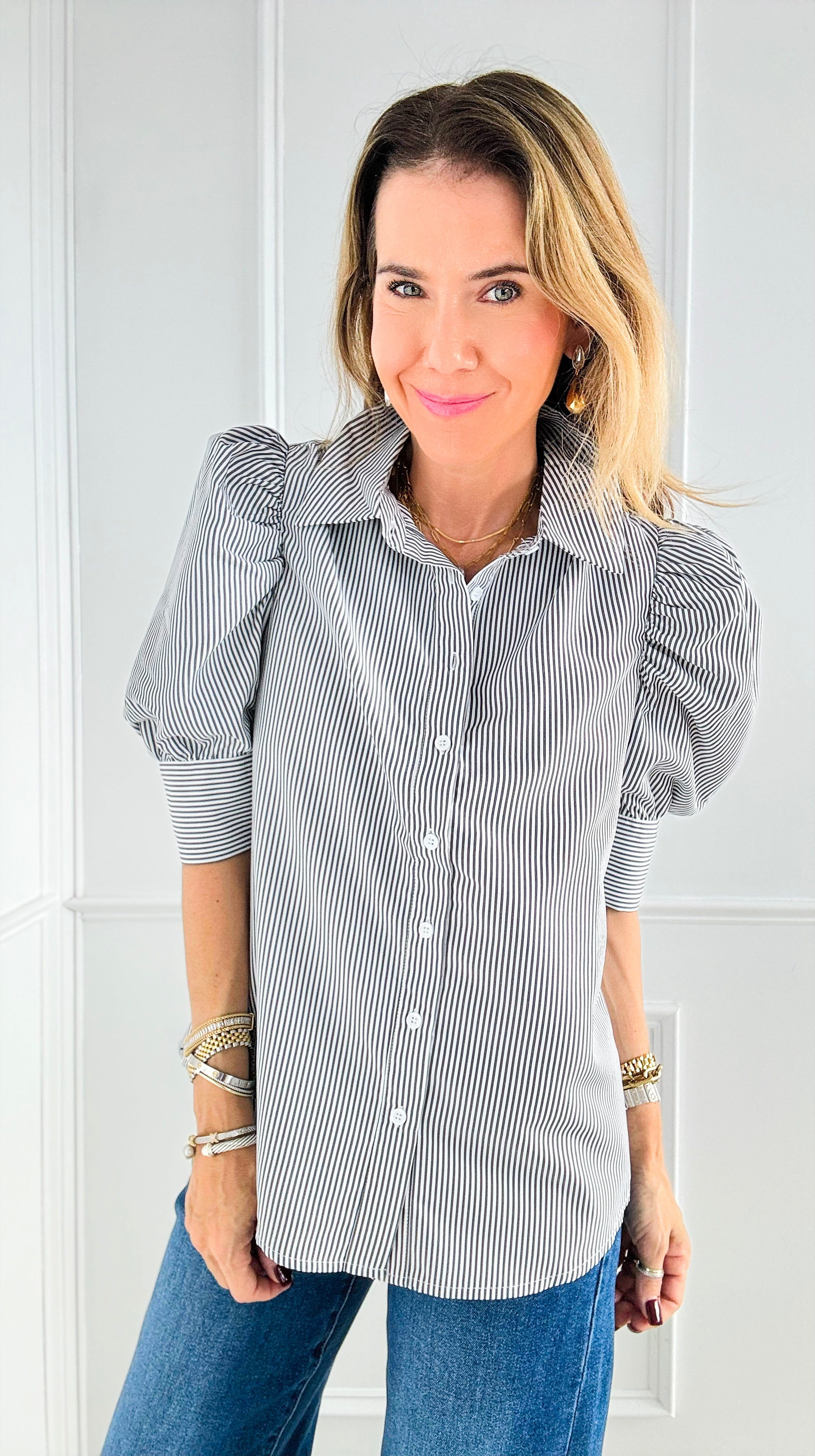 City Stripes Puff Sleeve Top - Black-110 Short Sleeve Tops-Vine & Love-Coastal Bloom Boutique, find the trendiest versions of the popular styles and looks Located in Indialantic, FL