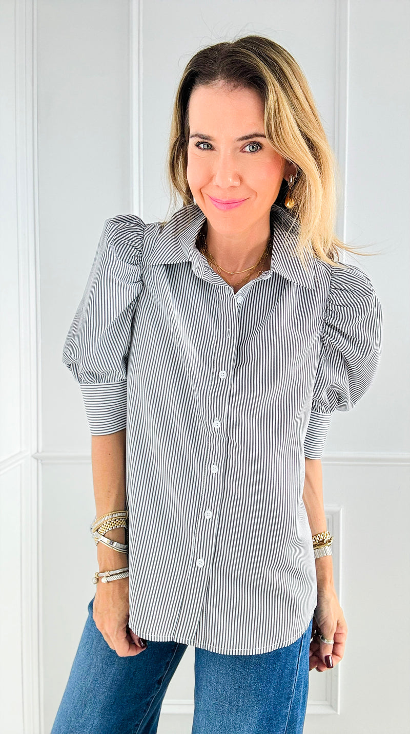 City Stripes Puff Sleeve Top - Black-110 Short Sleeve Tops-Vine & Love-Coastal Bloom Boutique, find the trendiest versions of the popular styles and looks Located in Indialantic, FL