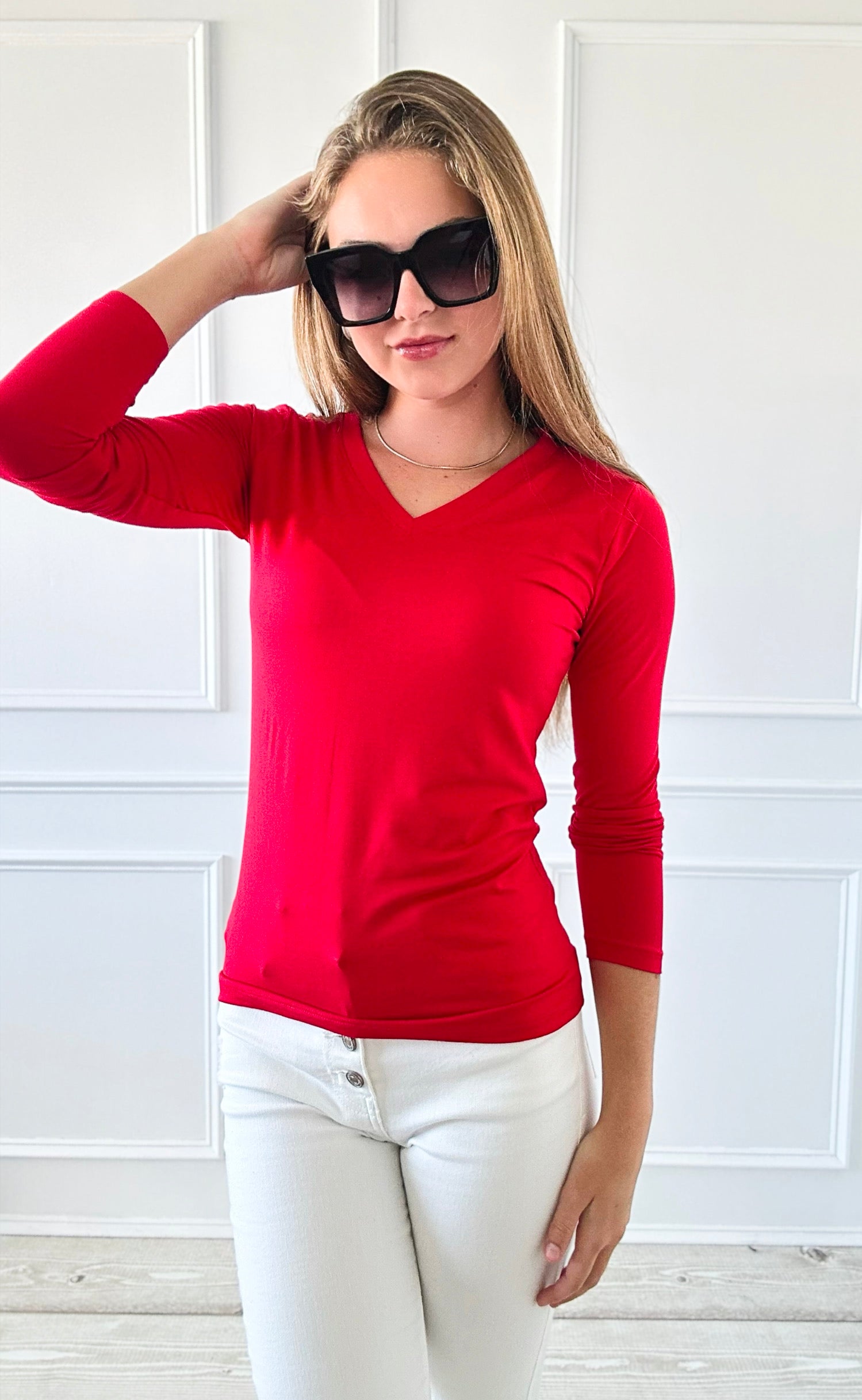 V-Neck Anniston Microfiber Tee - Ruby-130 Long Sleeve Tops-Zenana-Coastal Bloom Boutique, find the trendiest versions of the popular styles and looks Located in Indialantic, FL