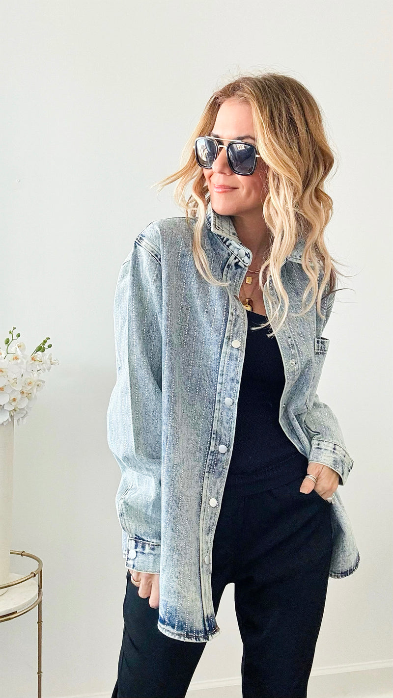 Embellished Rhinestone Striped Denim Jacket-160 Jackets-Rousseau-Coastal Bloom Boutique, find the trendiest versions of the popular styles and looks Located in Indialantic, FL