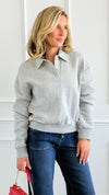 Whispered Grace Polo Top - Heather Grey-130 Long Sleeve Tops-Rosio-Coastal Bloom Boutique, find the trendiest versions of the popular styles and looks Located in Indialantic, FL