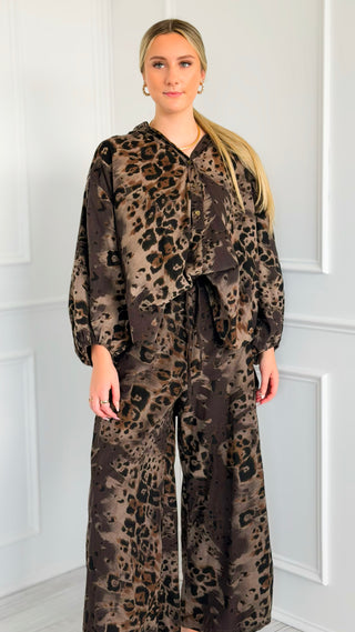 Spiced Leopard Wide Leg Italian Pant- Brown