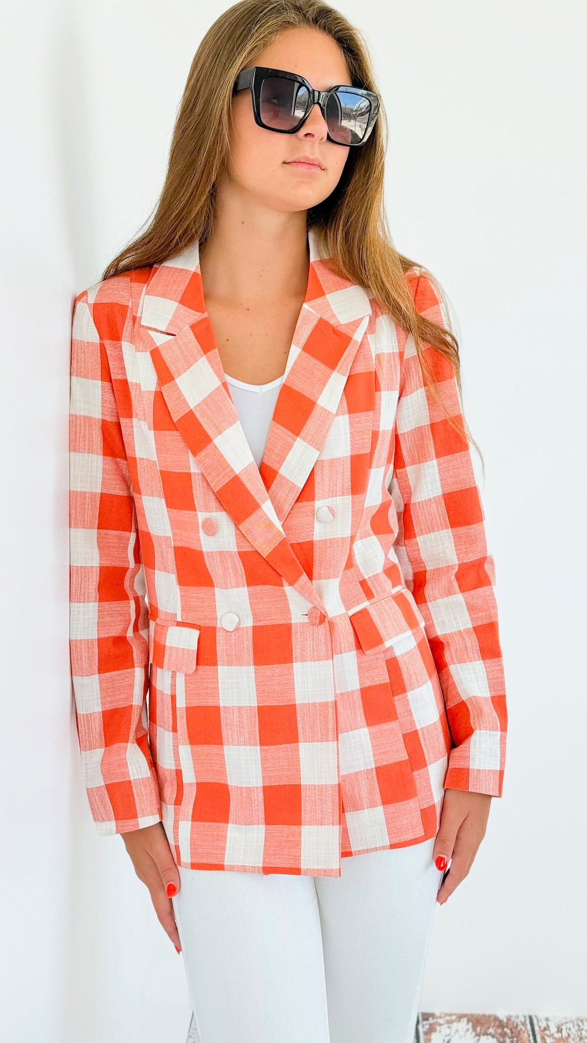 Gingham Pattern Double Breasted Blazer-160 Jackets-Fate BY LFD-Coastal Bloom Boutique, find the trendiest versions of the popular styles and looks Located in Indialantic, FL