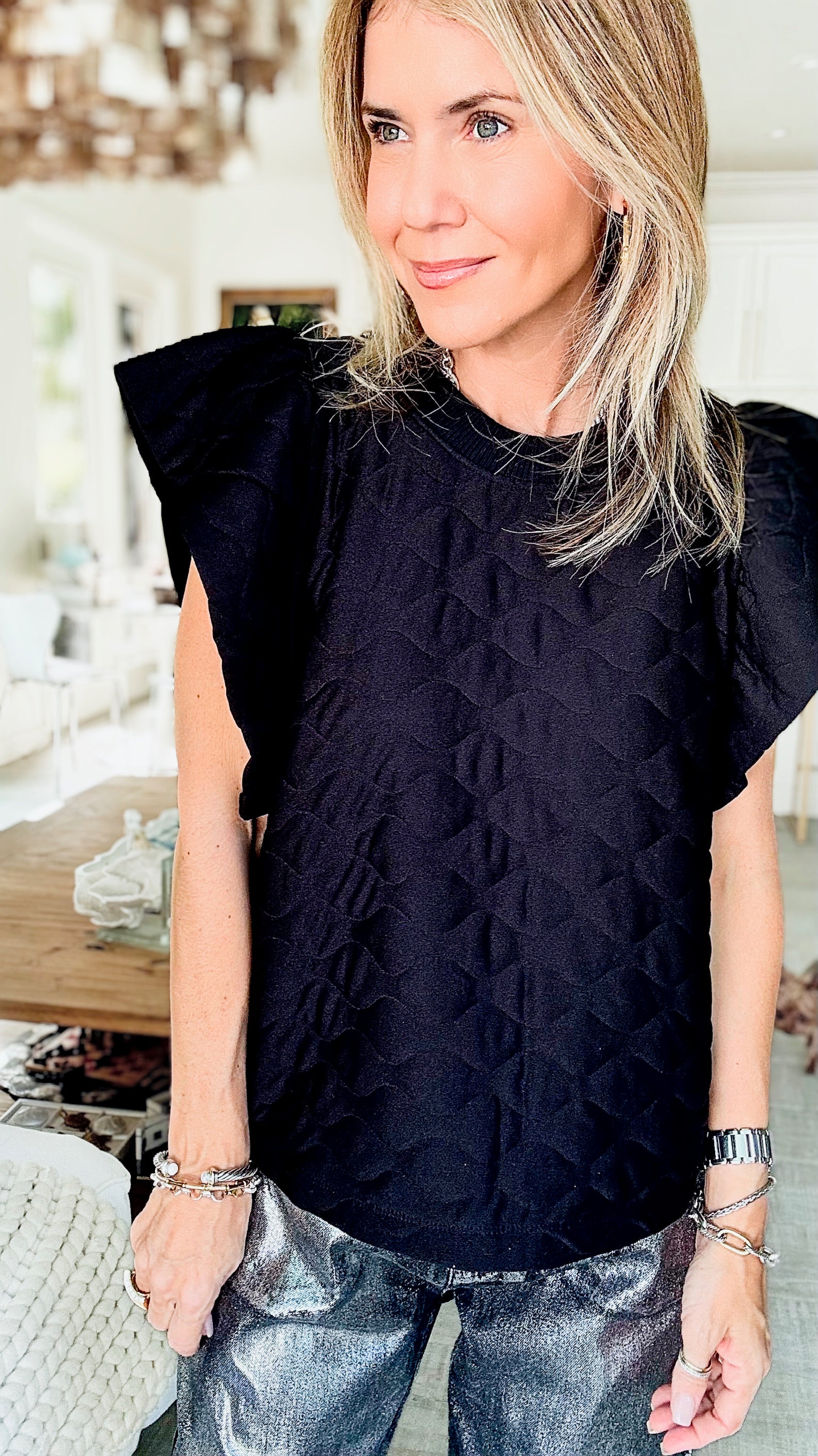 Quilted Ruffle Sleeve Top - Black-110 Short Sleeve Tops-Ces Femme-Coastal Bloom Boutique, find the trendiest versions of the popular styles and looks Located in Indialantic, FL