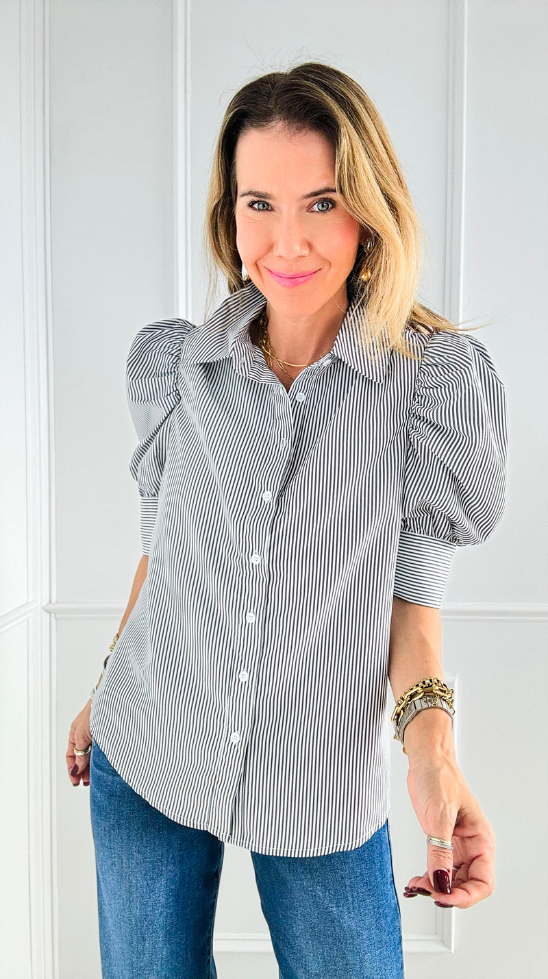 City Stripes Puff Sleeve Top - Black-110 Short Sleeve Tops-Vine & Love-Coastal Bloom Boutique, find the trendiest versions of the popular styles and looks Located in Indialantic, FL