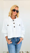 French Terry Buttoned Down Top - Off White-130 Long Sleeve Tops-BucketList-Coastal Bloom Boutique, find the trendiest versions of the popular styles and looks Located in Indialantic, FL