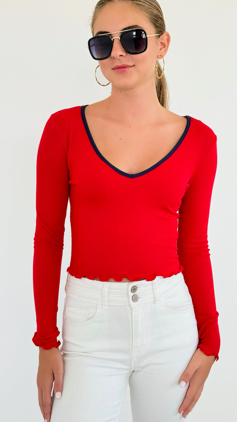 V-Neck Ribbed Crop Top - Red-130 Long Sleeve Tops-Heart&Hips-Coastal Bloom Boutique, find the trendiest versions of the popular styles and looks Located in Indialantic, FL