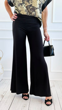 Fold Over Waist Comfy Palazzo Pants-Black-100 Pants-Zenana-Coastal Bloom Boutique, find the trendiest versions of the popular styles and looks Located in Indialantic, FL