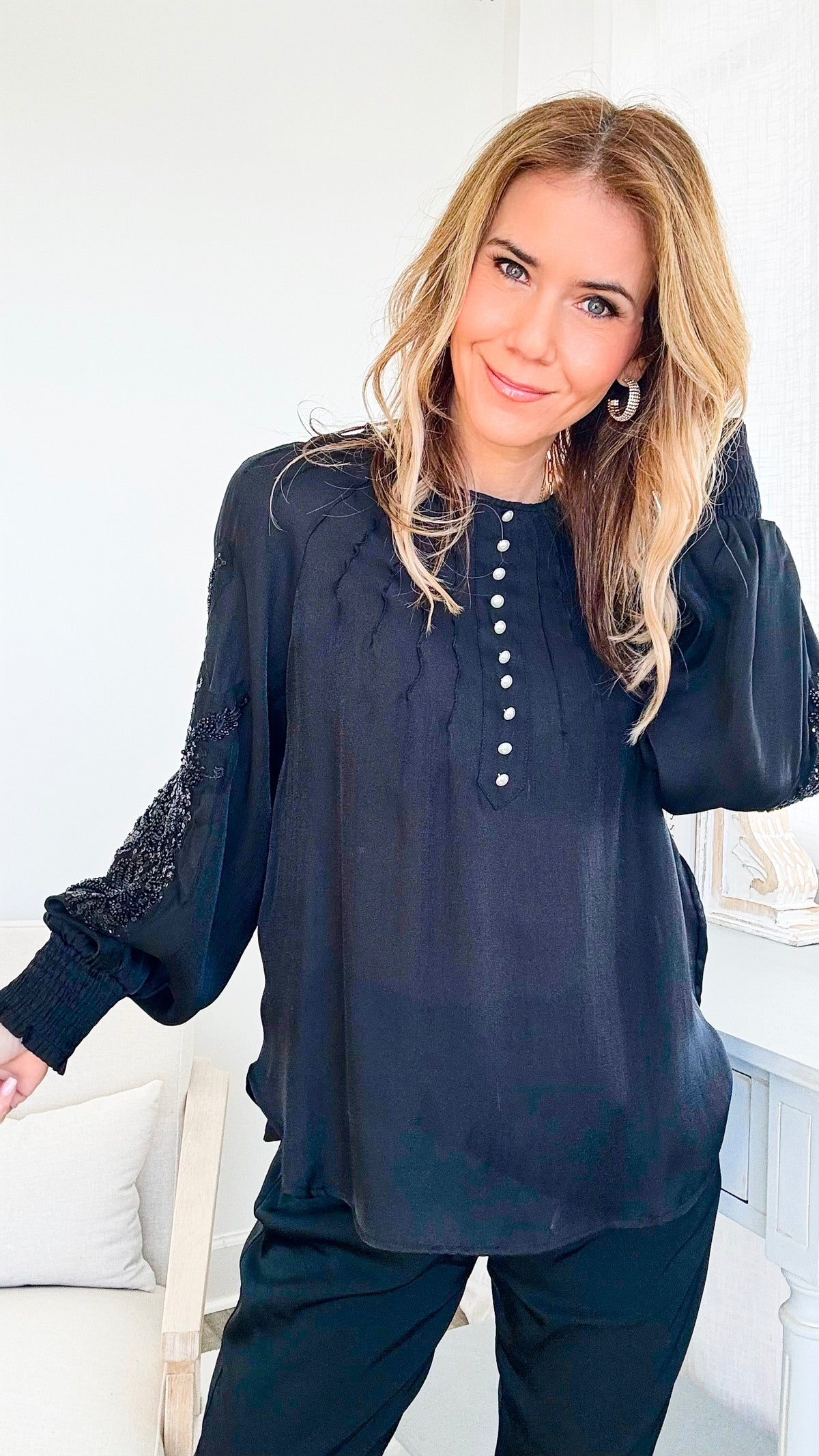 Sequin Detail Long Sleeve Blouse - Black-130 Long Sleeve Tops-pastel design-Coastal Bloom Boutique, find the trendiest versions of the popular styles and looks Located in Indialantic, FL