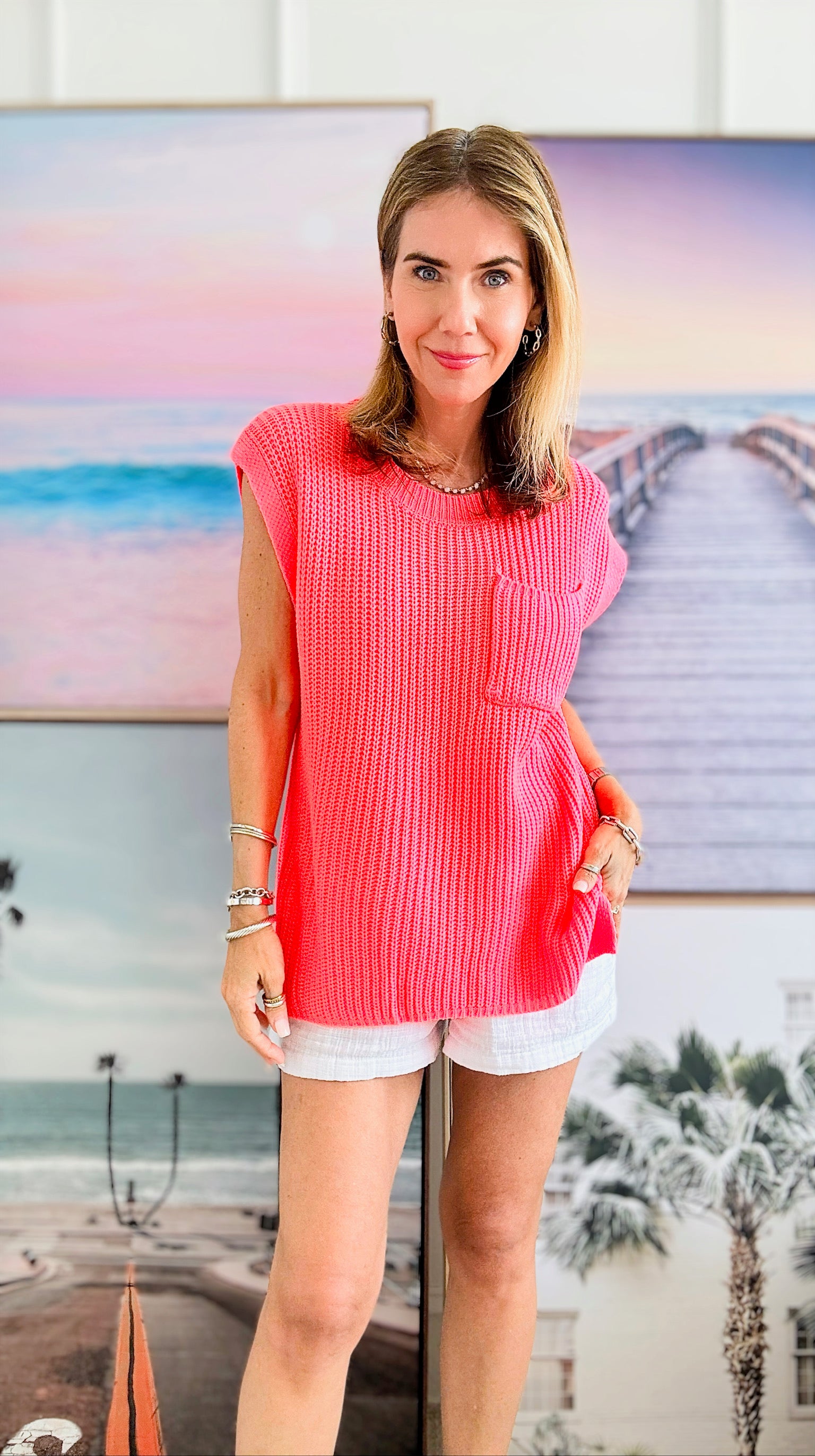 Knitted Crew Neck Slipover Sweater Sleeveless- Coral-00 Sleevless Tops-BIBI-Coastal Bloom Boutique, find the trendiest versions of the popular styles and looks Located in Indialantic, FL