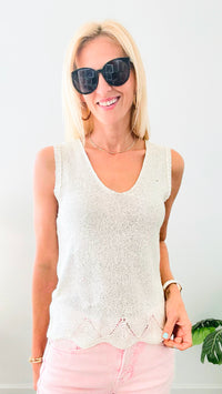 Sequin Fish Net Textured Scallop Hem Sweater Tank - Ivory-100 Sleeveless Tops-Anniewear-Coastal Bloom Boutique, find the trendiest versions of the popular styles and looks Located in Indialantic, FL