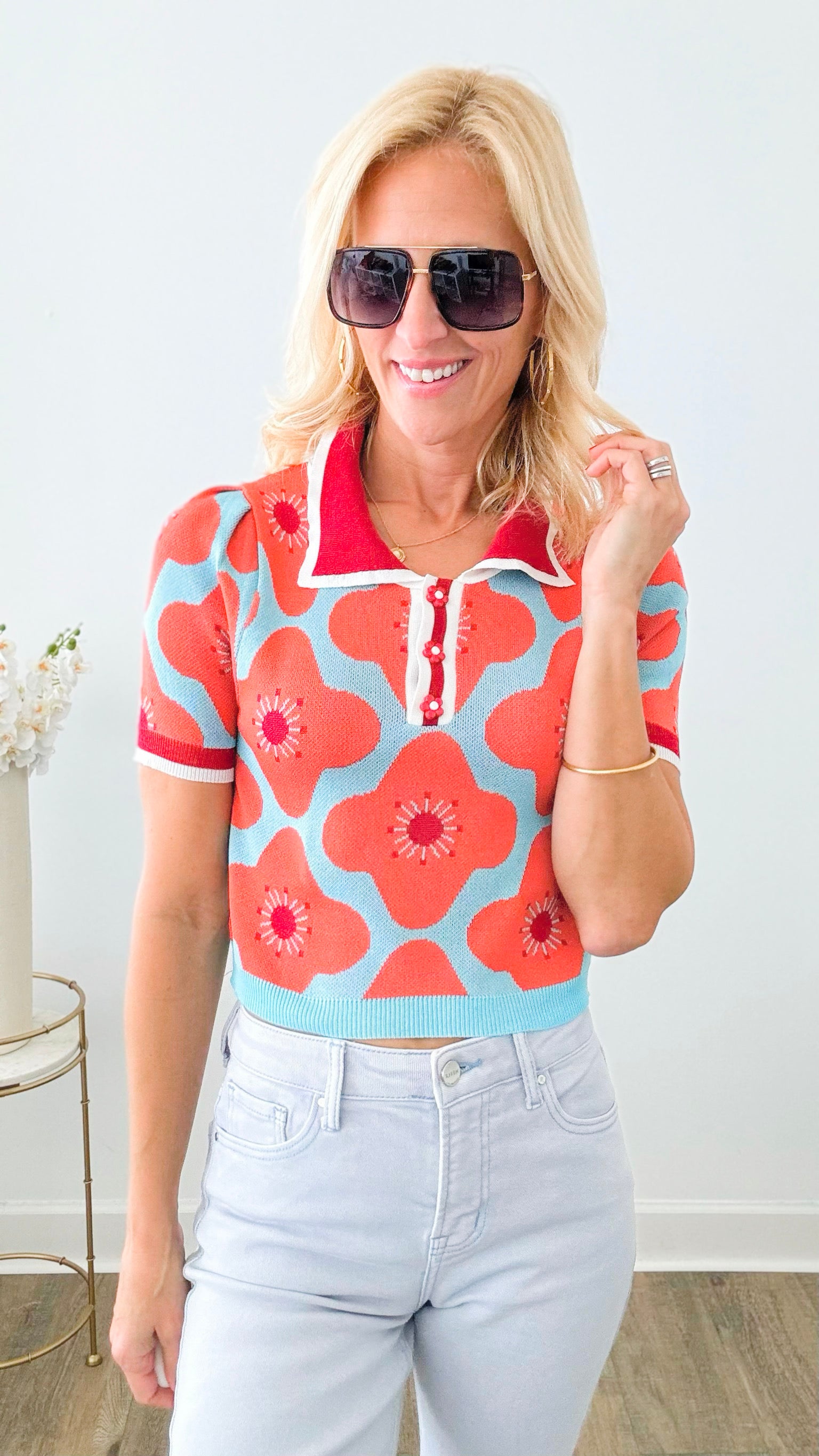 Contrast Flower Jacquard Puff Sleeve Knit Top-110 Short Sleeve Tops-CBALY-Coastal Bloom Boutique, find the trendiest versions of the popular styles and looks Located in Indialantic, FL