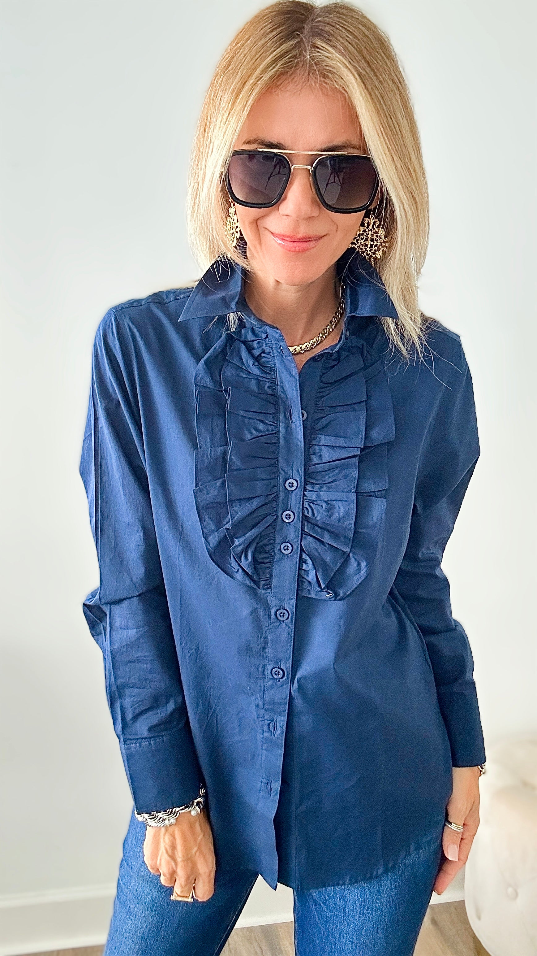 Classic Long Sleeve Navy Cotton Lawn Ruffle Shirt-130 Long Sleeve Tops-Grenouille-Coastal Bloom Boutique, find the trendiest versions of the popular styles and looks Located in Indialantic, FL