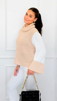 Two-Tone Turtleneck Flare Sleeve Sweater-140 Sweaters-ROUSSEAU-Coastal Bloom Boutique, find the trendiest versions of the popular styles and looks Located in Indialantic, FL