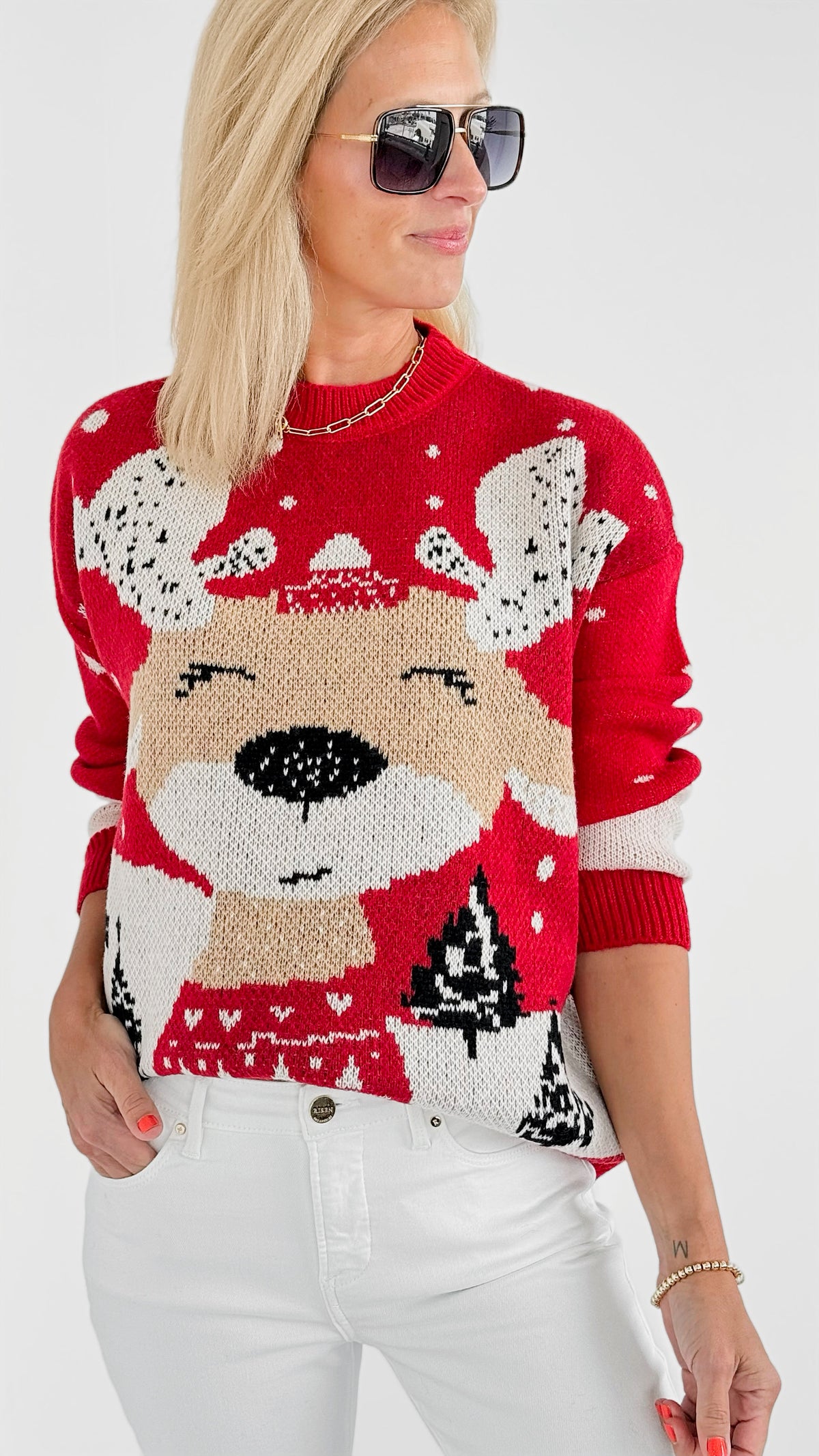 Rudolph Printed Sweater - Red-140 Sweaters-On Blue-Coastal Bloom Boutique, find the trendiest versions of the popular styles and looks Located in Indialantic, FL