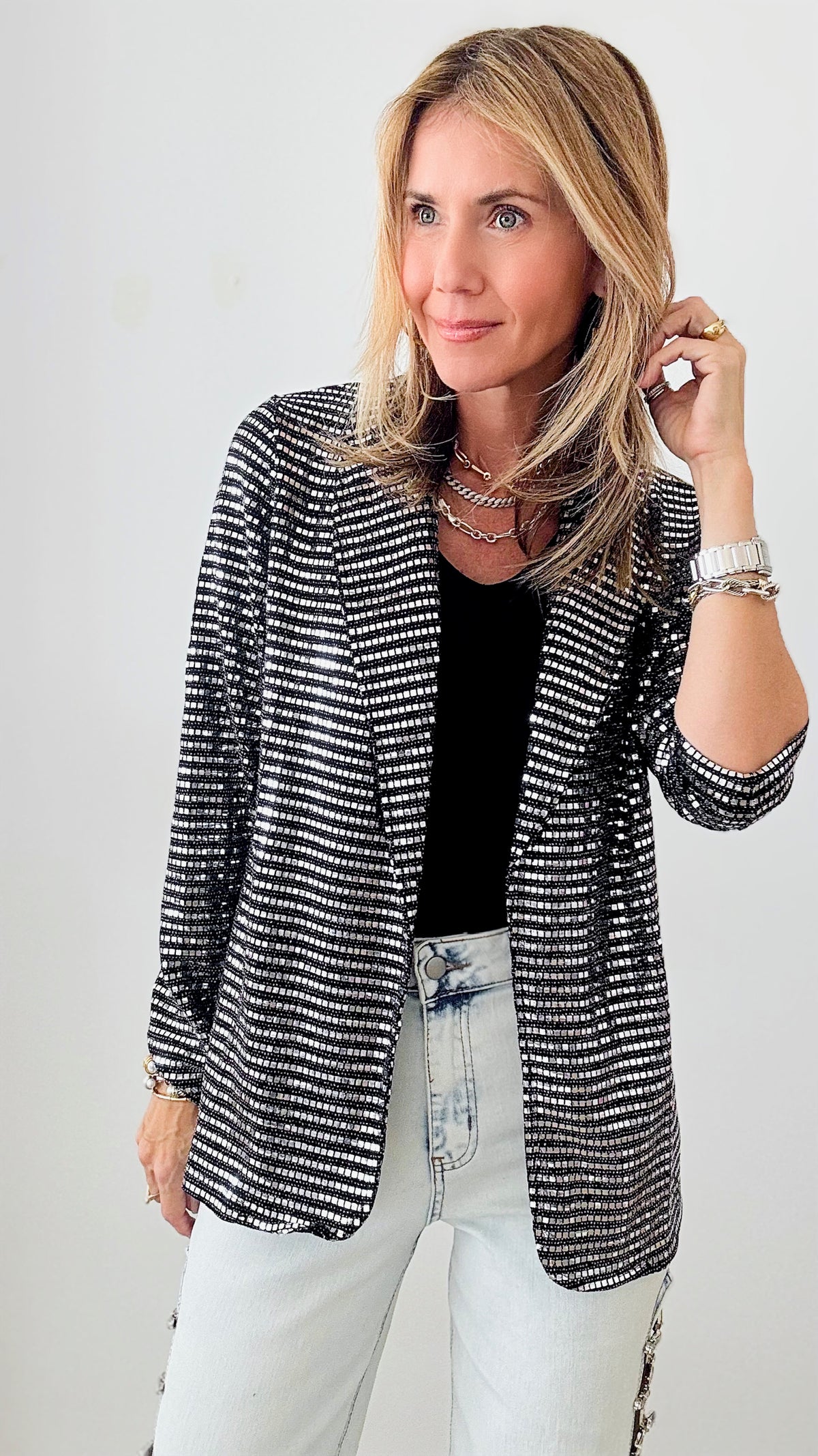 Mirror Ball Open Blazer-160 Jackets-ROUSSEAU-Coastal Bloom Boutique, find the trendiest versions of the popular styles and looks Located in Indialantic, FL