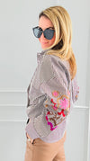 Striped & Bloom Embroidery Sleeve Italian Blouse-110 Long Sleeve Tops-TATTOO Z-Coastal Bloom Boutique, find the trendiest versions of the popular styles and looks Located in Indialantic, FL